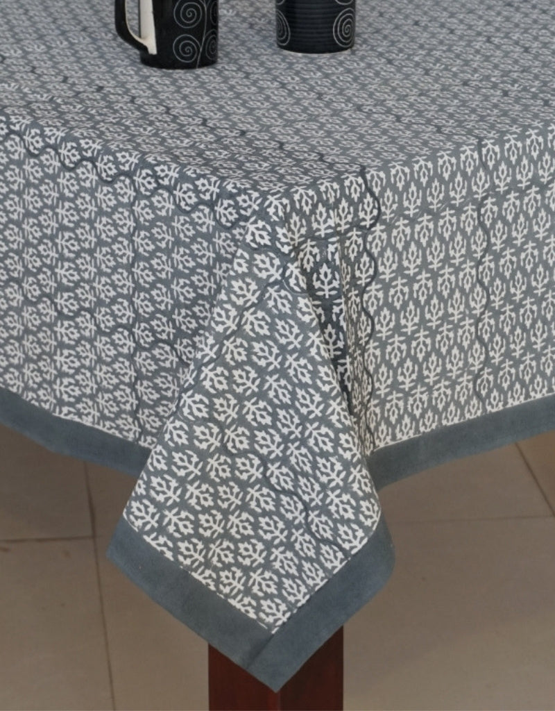 Grey & White Botanical Jaal Hand Block Printed Cotton Table Cover
