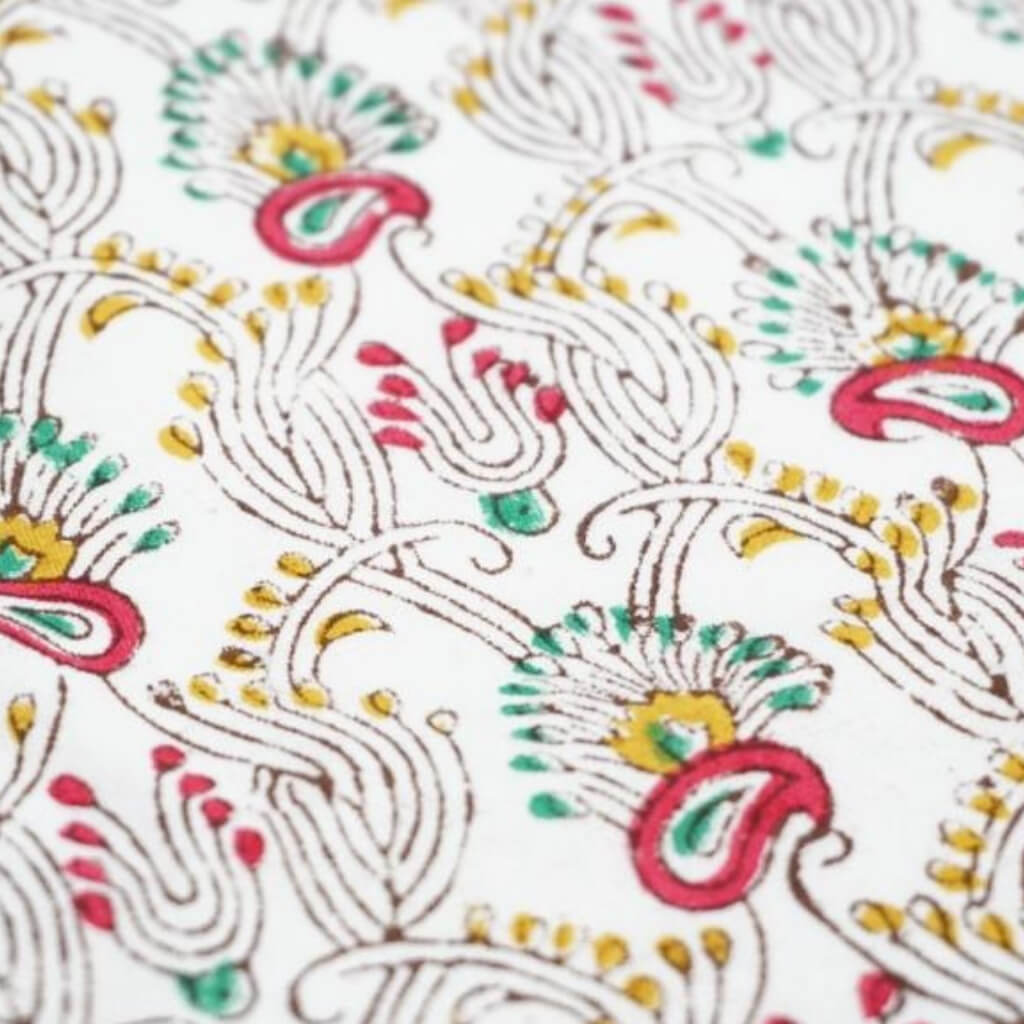 White & Pink Paisley Jaal Hand Block Printed Cotton Yardage