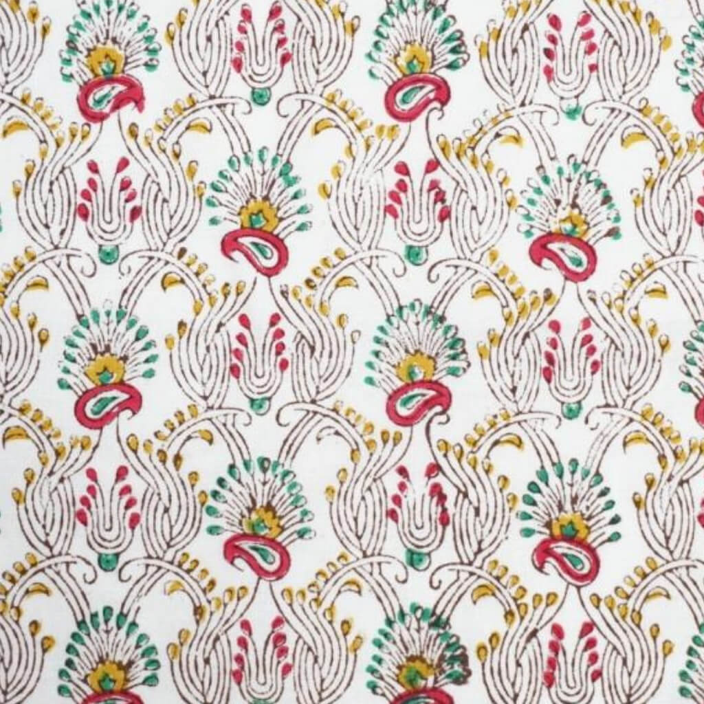 White & Pink Paisley Jaal Hand Block Printed Cotton Yardage