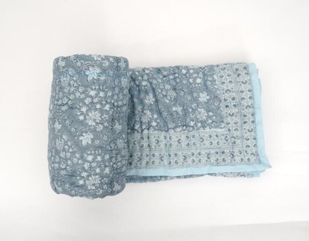 Close-up of hand block print on organic cotton quilt | Myyra Jaipur