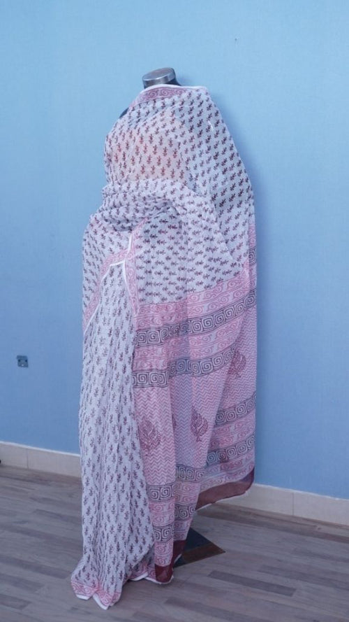 Delicate Pink White Buti Hand Block Printed Cotton Saree