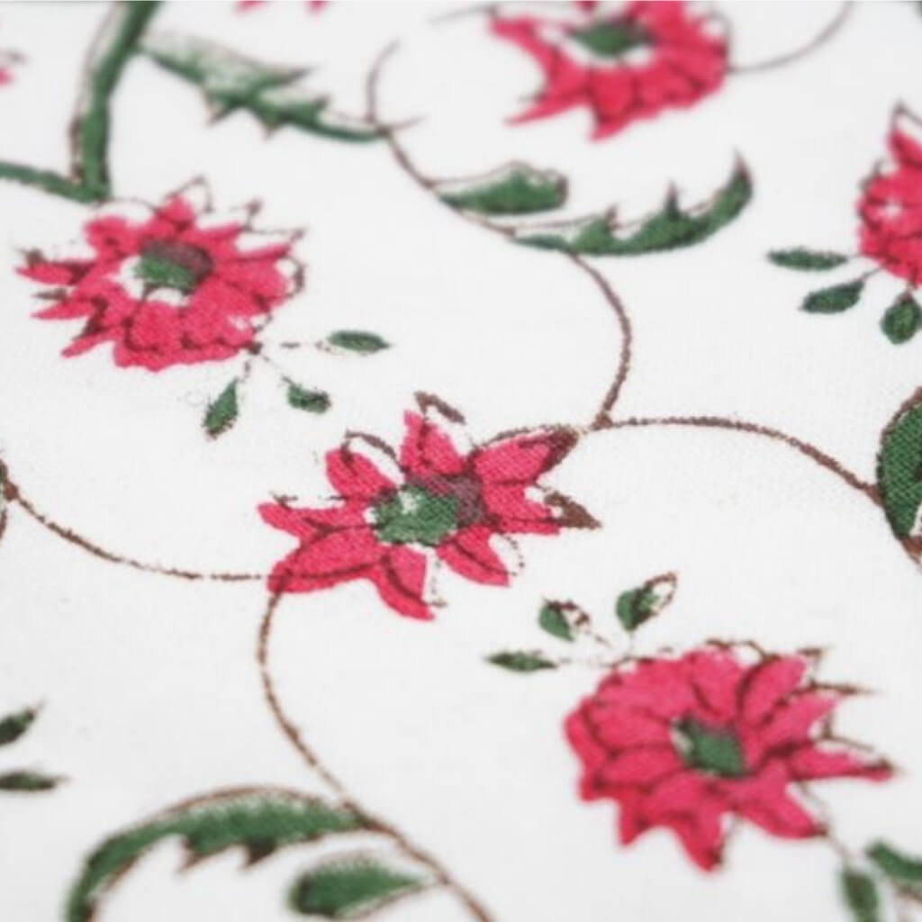 Red Blossom & Green Vine Hand Block Printed Cotton Yardage