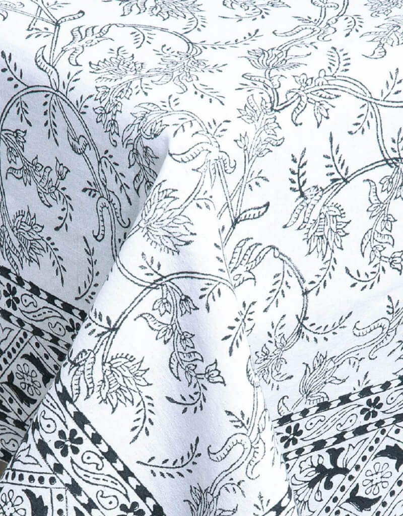 Close-up of hand block print on organic cotton table cover | Myyra Jaipur
