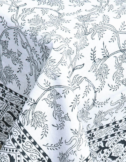 Close-up of hand block print on organic cotton table cover | Myyra Jaipur