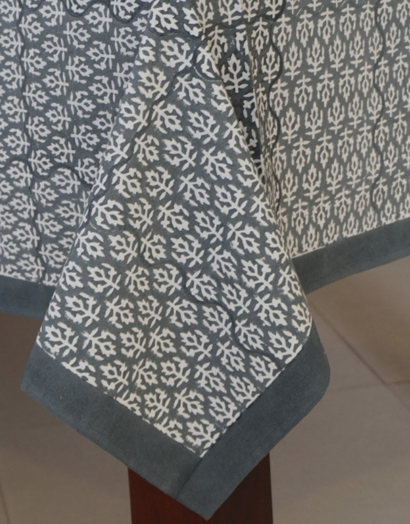 Grey & White Botanical Jaal Hand Block Printed Cotton Table Cover