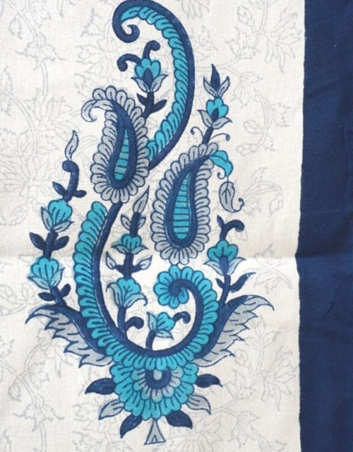 Close-up of hand block print on organic cotton table cover | Myyra Jaipur