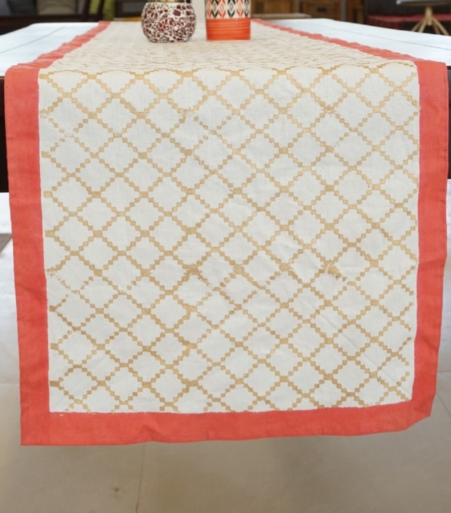 Close-up of hand block print on organic cotton table runner | Myyra Jaipur