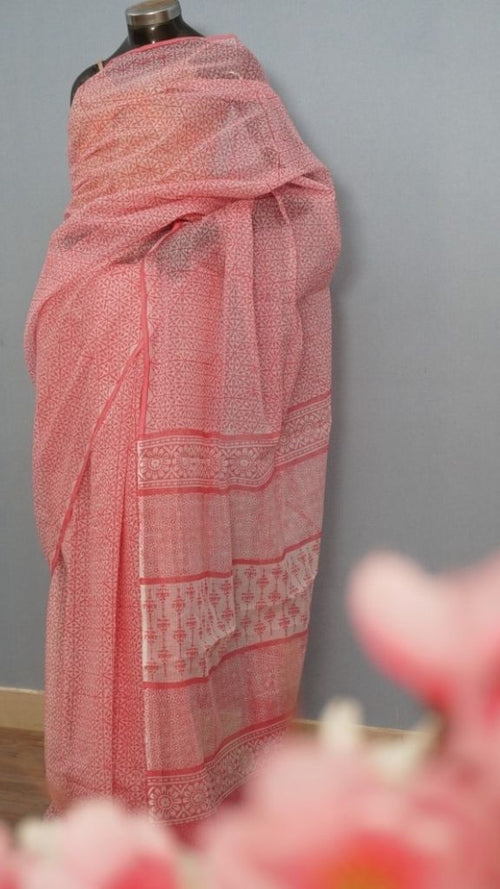 Delicate Pink Geometric Hand Block Printed Cotton Saree