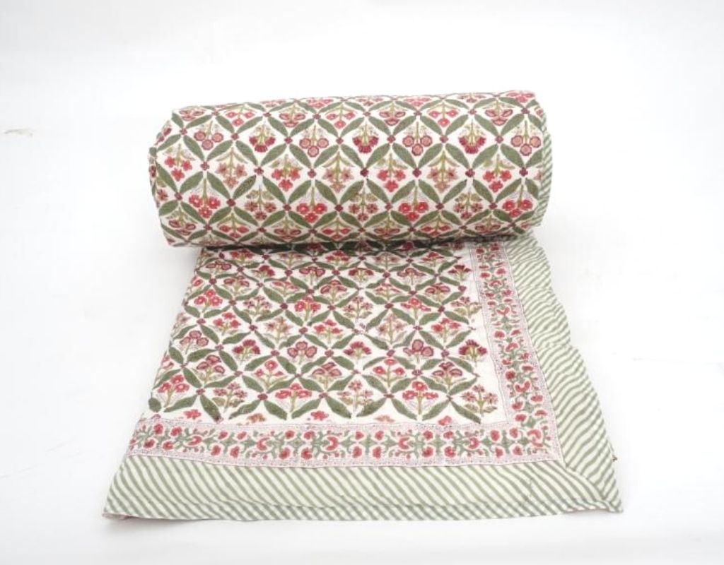 Close-up of hand block print on organic cotton quilt | Myyra Jaipur