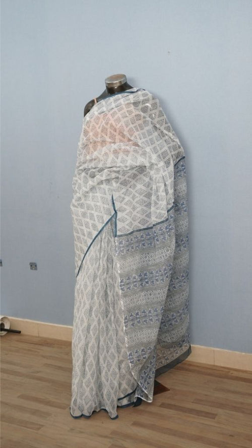 Classic White Blue Geometric Hand Block Printed Cotton Saree