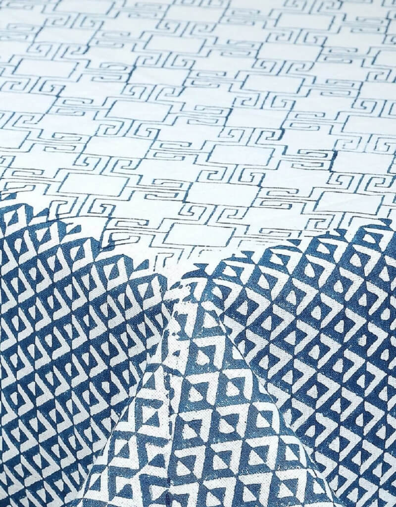 Close-up of hand block print on organic cotton table cover | Myyra Jaipur
