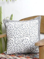 Close-up of hand block print on organic cotton cushion cover | Myyra Jaipur