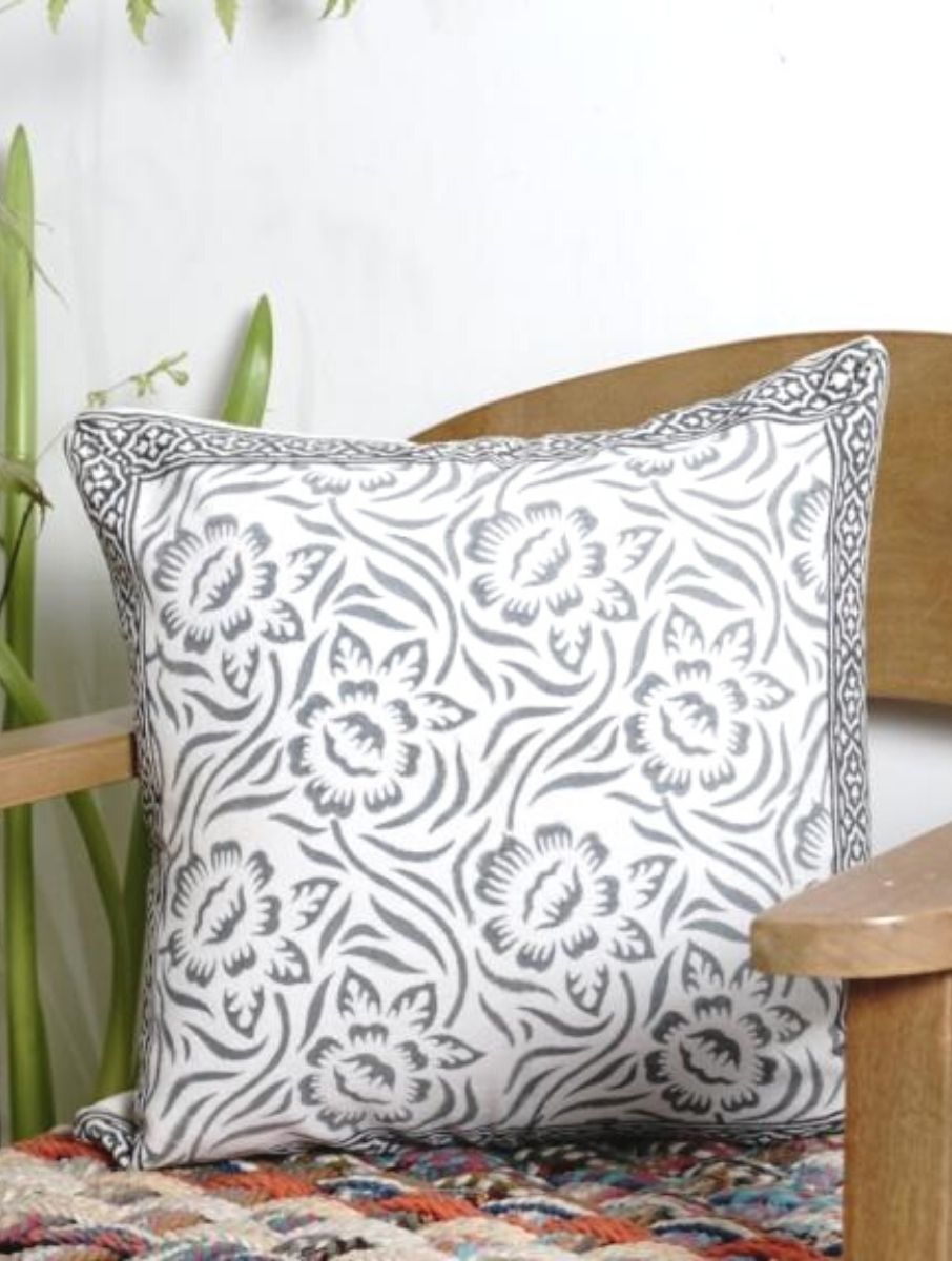 Close-up of hand block print on organic cotton cushion cover | Myyra Jaipur