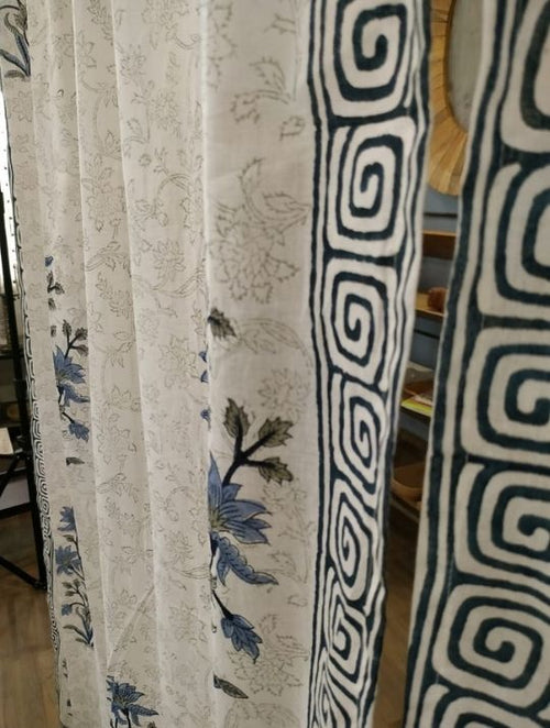 Close-up of hand block print on organic cotton curtain | Myyra Jaipur