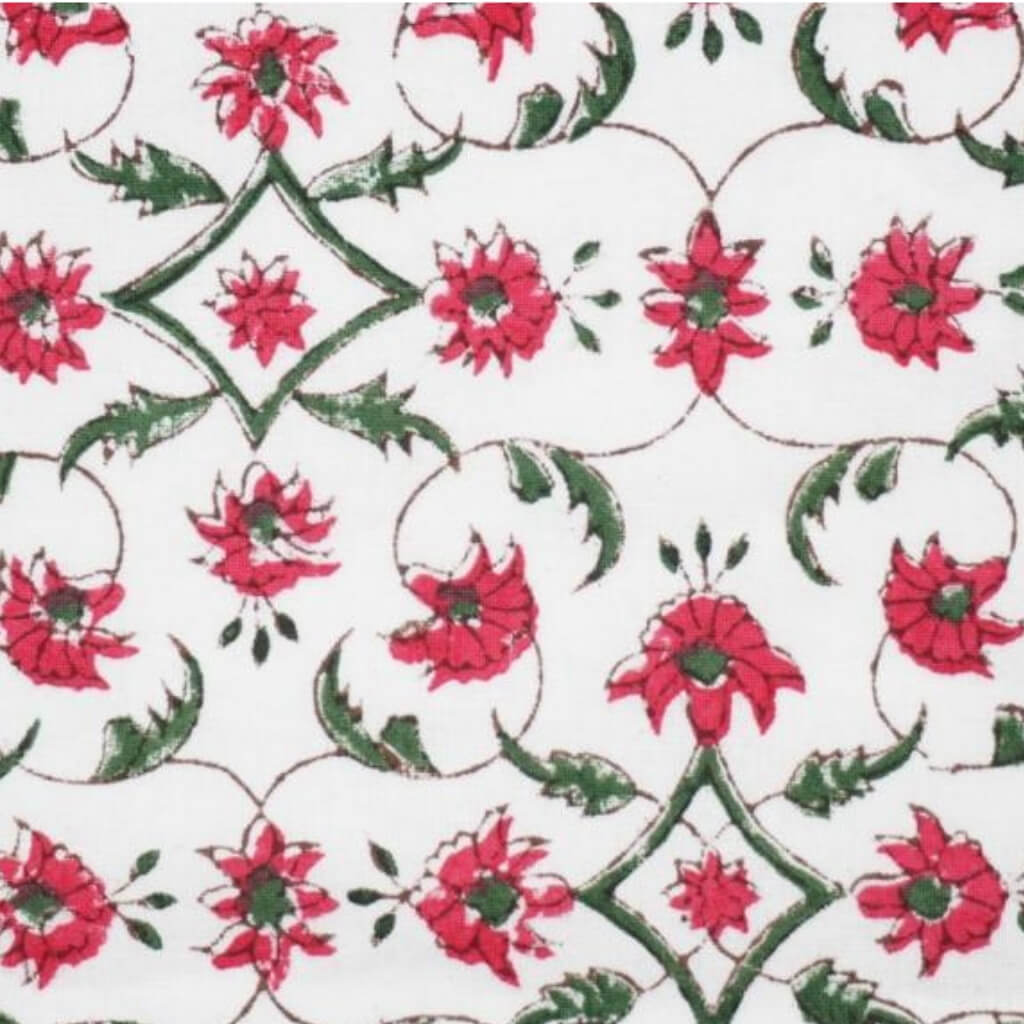 Red Blossom & Green Vine Hand Block Printed Cotton Yardage
