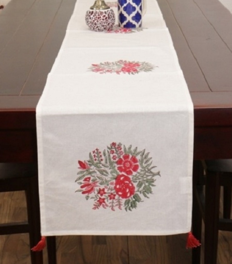 Close-up of hand block print on organic cotton table runner | Myyra Jaipur