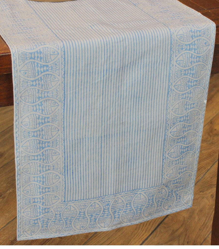 Hand block printed organic cotton table runner with fish motif pattern | Myyra Jaipur