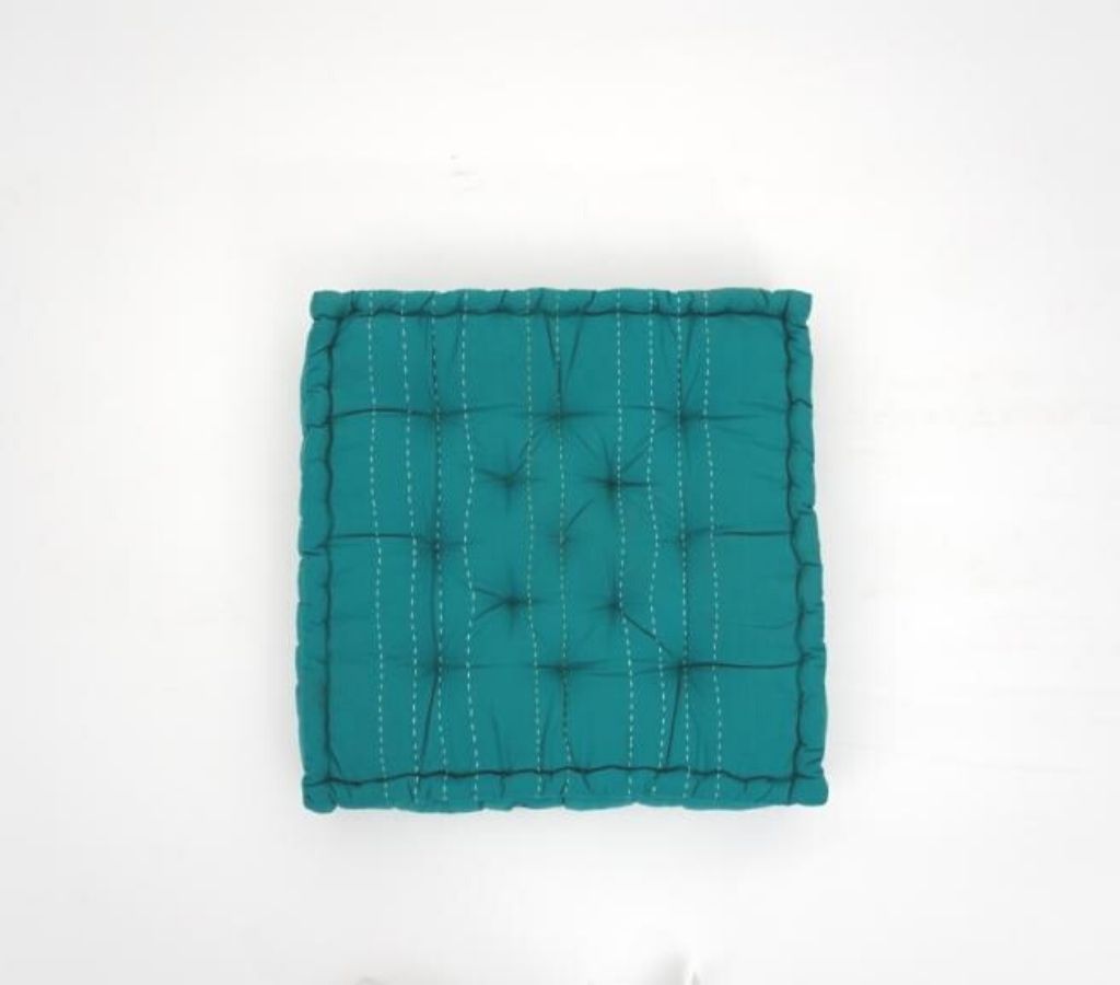 Close-up of hand block print on organic cotton floor cushion | Myyra Jaipur