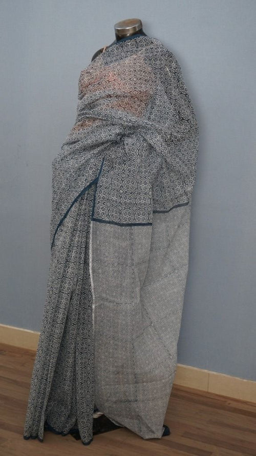 Classic Indigo Grey Geometric Hand Block Printed Cotton Saree