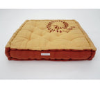 Close-up of hand block print on organic cotton floor cushion | Myyra Jaipur