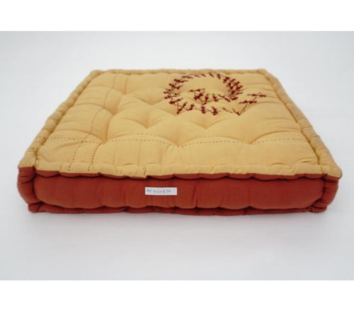 Close-up of hand block print on organic cotton floor cushion | Myyra Jaipur