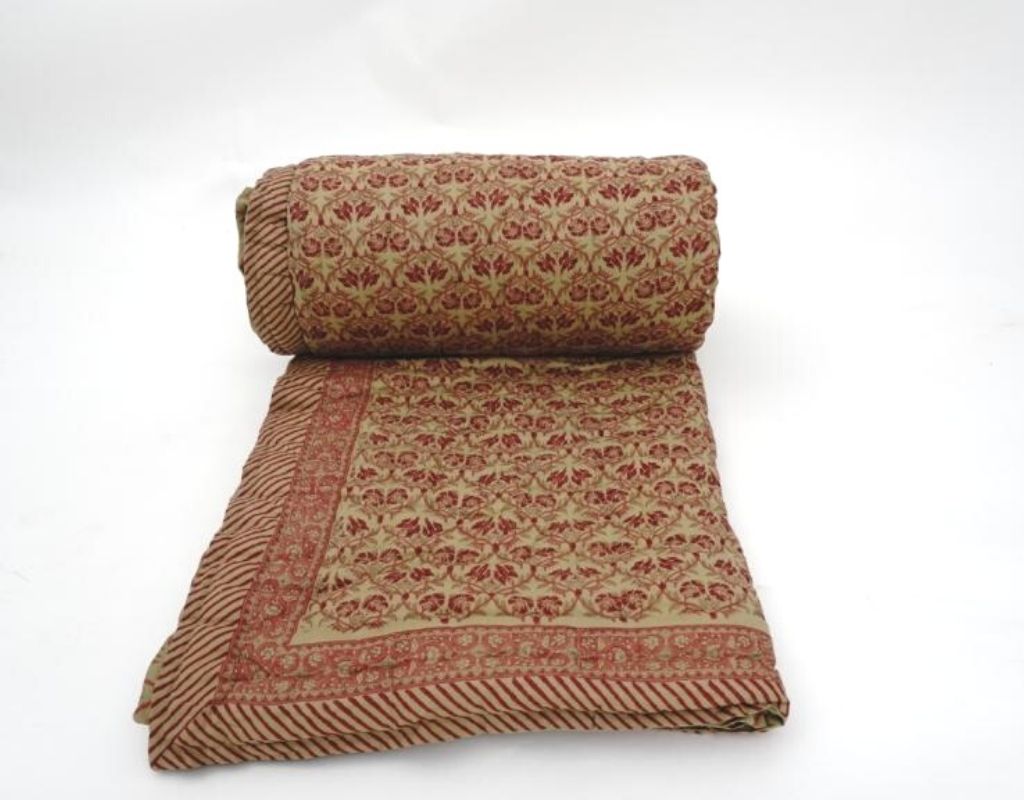 Close-up of hand block print on organic cotton quilt | Myyra Jaipur