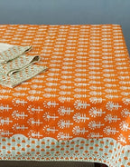 Close-up of hand block print on organic cotton table cover | Myyra Jaipur