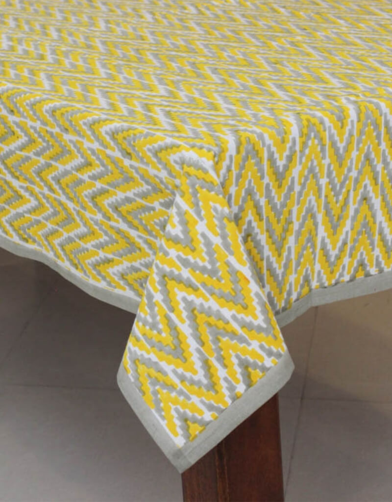 Hand block printed organic cotton table cover with ikat pattern | Myyra Jaipur