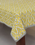 Hand block printed organic cotton table cover with ikat pattern | Myyra Jaipur