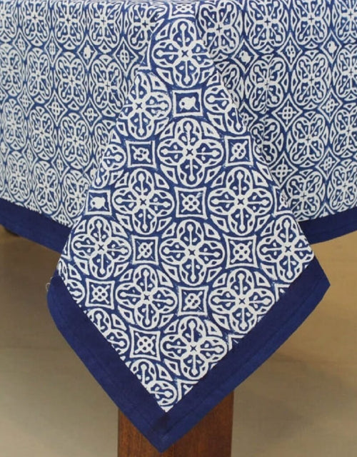 Close-up of hand block print on organic cotton table cover | Myyra Jaipur