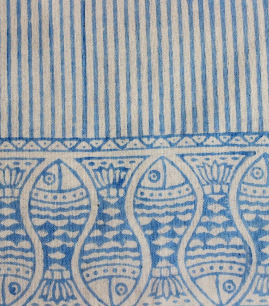 Close-up of fish motif hand block print on organic cotton table runner | Myyra Jaipur