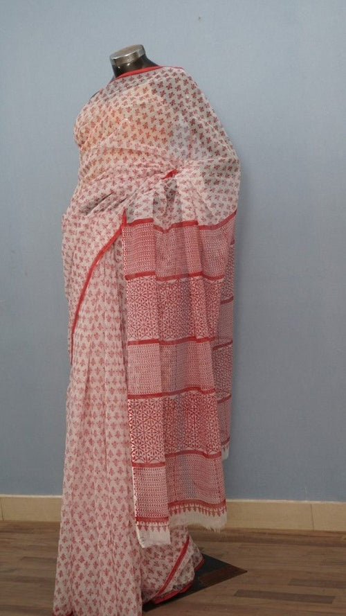 Classic Red White Buti Hand Block Printed Cotton Saree