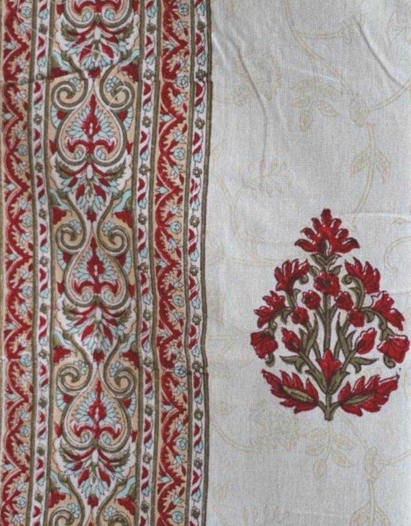 Close-up of hand block print on organic cotton table cover | Myyra Jaipur