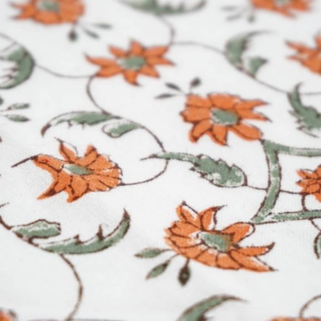 Close-up of hand block print on organic cotton running fabric | Myyra Jaipur
