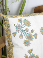 Close-up of hand block print on organic cotton cushion cover | Myyra Jaipur
