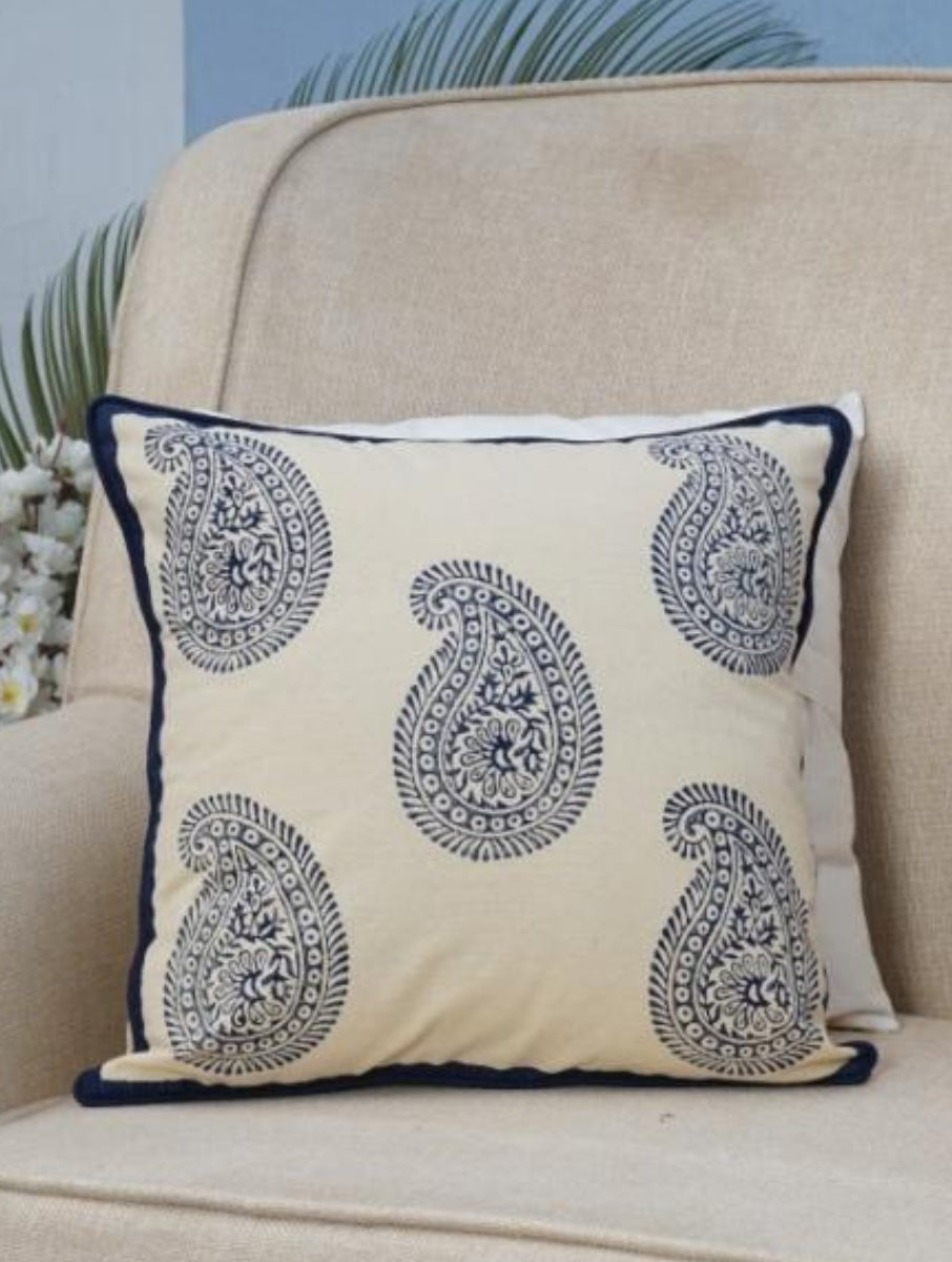 Cream & Indigo Paisley Hand Block Printed Cotton Cushion Cover