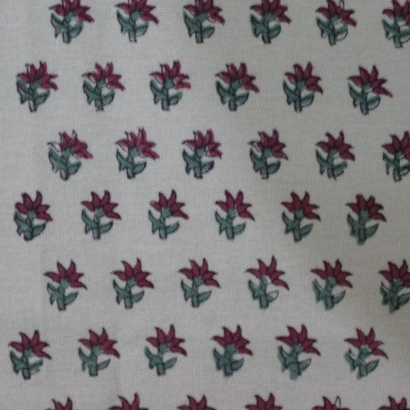 Pink & Green Floral Sprig Hand Block Printed Cotton Yardage