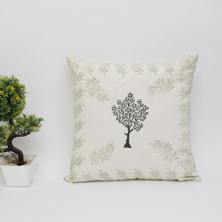 Close-up of hand block print on organic cotton cushion cover | Myyra Jaipur