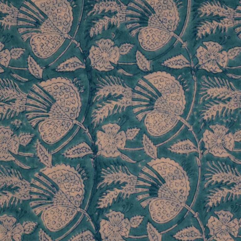 Close-up of hand block print on organic cotton running fabric | Myyra Jaipur