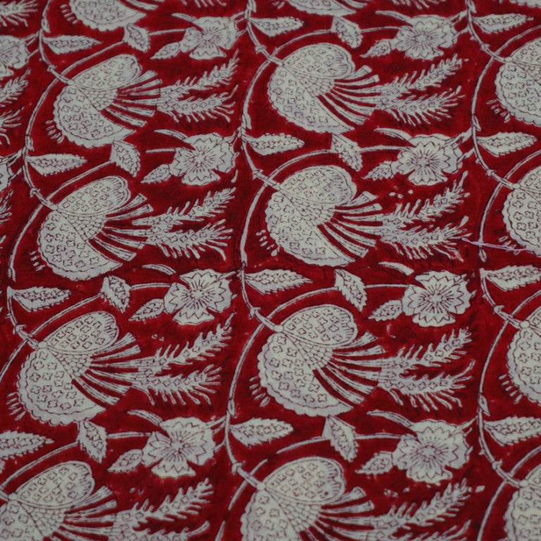 Close-up of hand block print on organic cotton running fabric | Myyra Jaipur