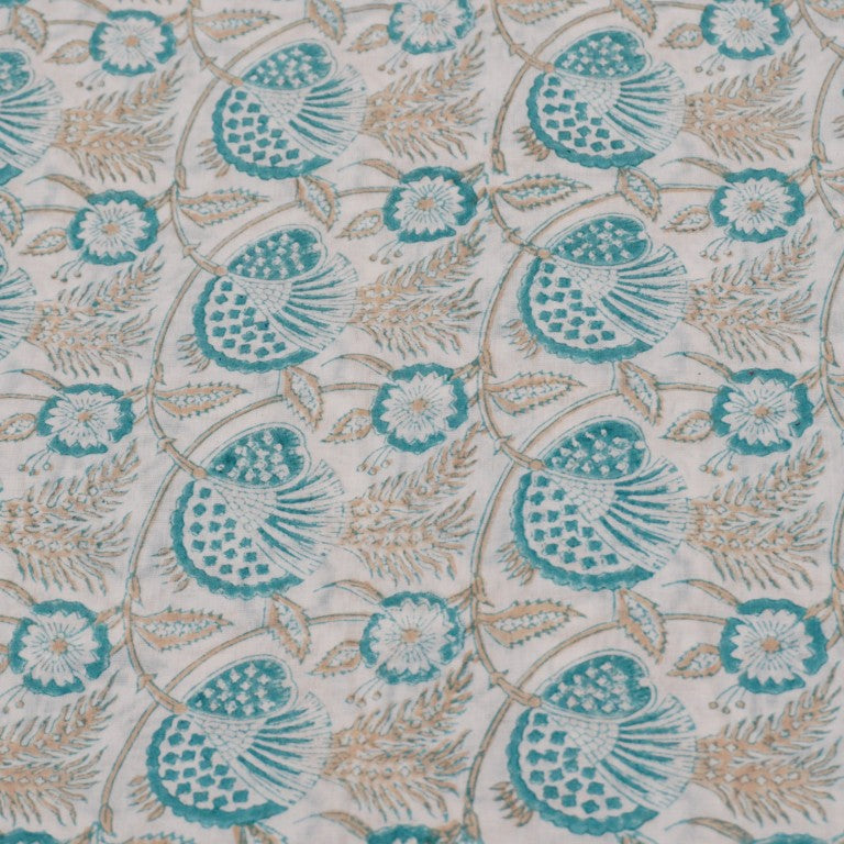 Close-up of hand block print on organic cotton running fabric | Myyra Jaipur