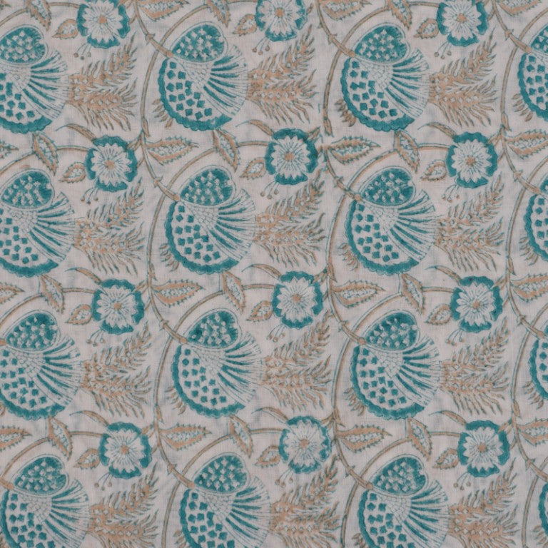 Close-up of hand block print on organic cotton running fabric | Myyra Jaipur