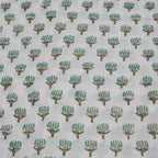 Close-up of hand block print on organic cotton running fabric | Myyra Jaipur