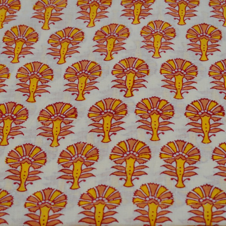 Close-up of hand block print on organic cotton running fabric | Myyra Jaipur