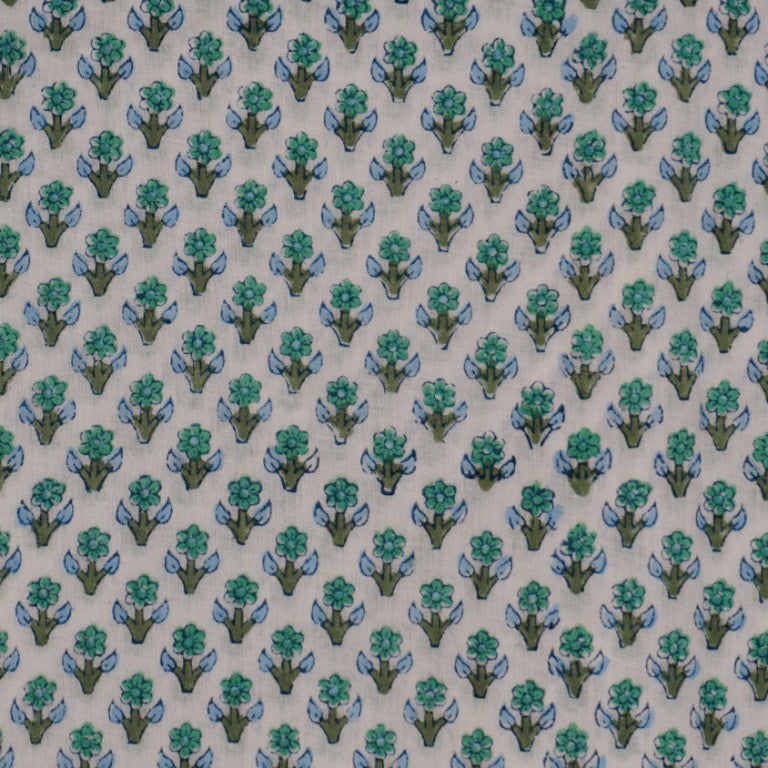 Folded hand block printed organic cotton yardage showing pattern repeat | Myyra Jaipur