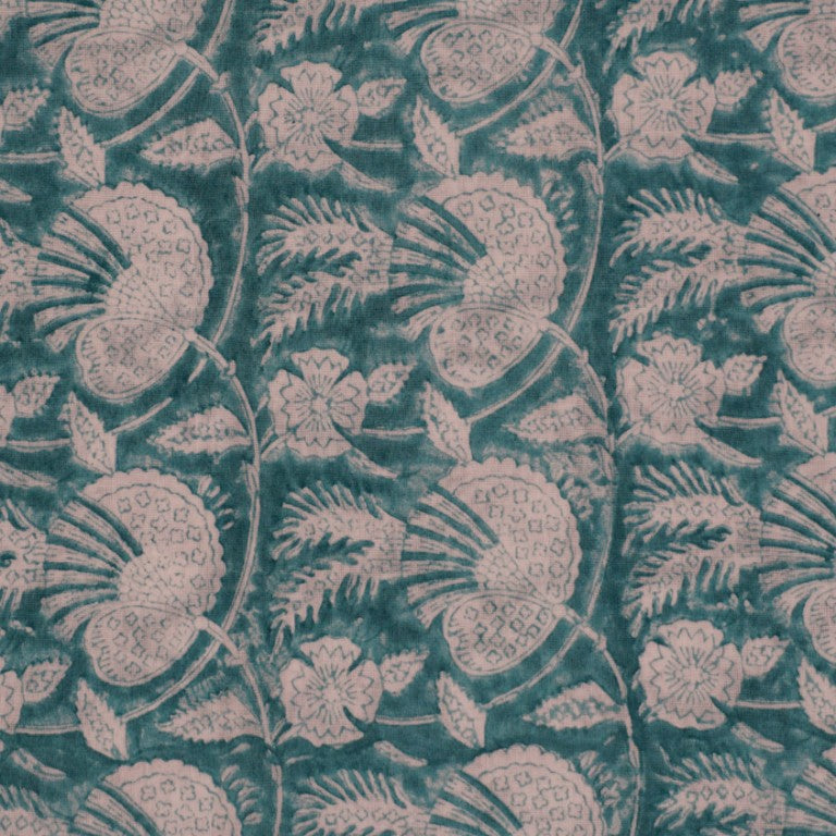 Close-up of hand block print on organic cotton running fabric | Myyra Jaipur