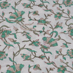 Close-up of hand block print on organic cotton running fabric | Myyra Jaipur