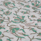 Folded hand block printed organic cotton yardage showing pattern repeat | Myyra Jaipur