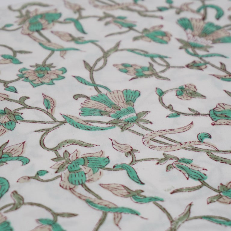 Folded hand block printed organic cotton yardage showing pattern repeat | Myyra Jaipur