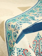 Close-up of hand block print on organic cotton table cover | Myyra Jaipur